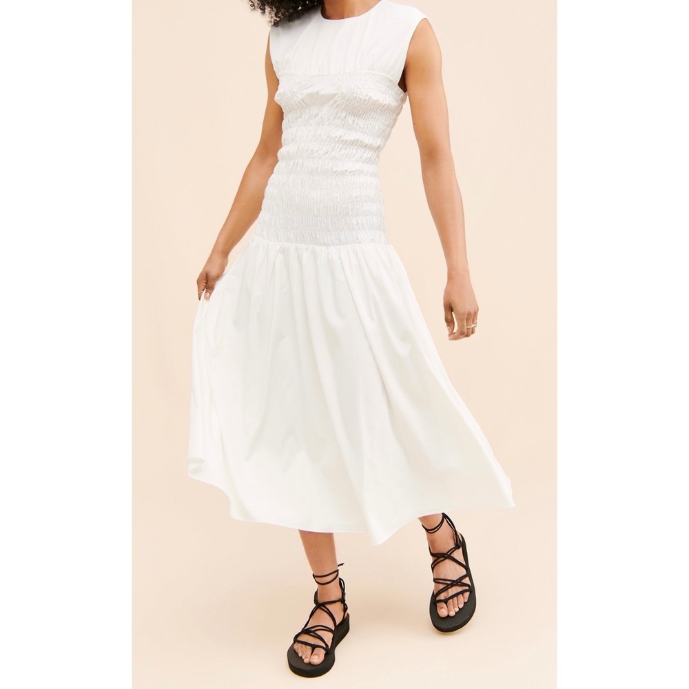 Anthropologie Petites White Smocked Midi Dress Cap Sleeve Size SP NWT